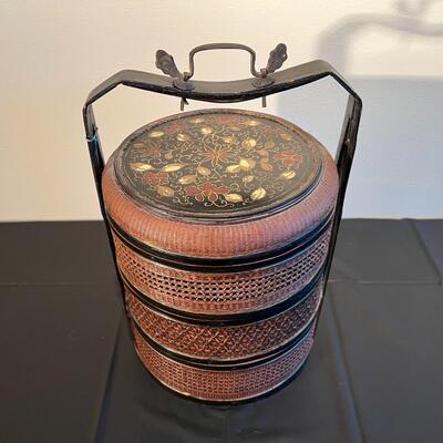 Antique Chinese Three Tiered Wicker Wedding Basket with Hand Painted Floral Lid