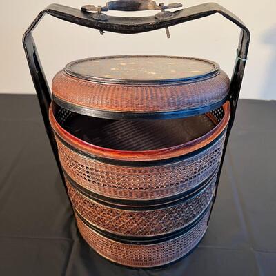 Antique Chinese Three Tiered Wicker Wedding Basket with Hand Painted Floral Lid