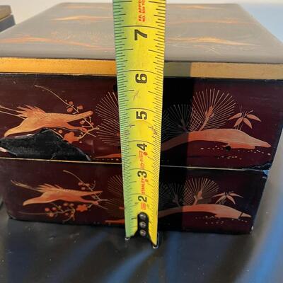 Pair of Antique Japanese Stacking Black Lacquer Boxes with Red and Gold Painted Design