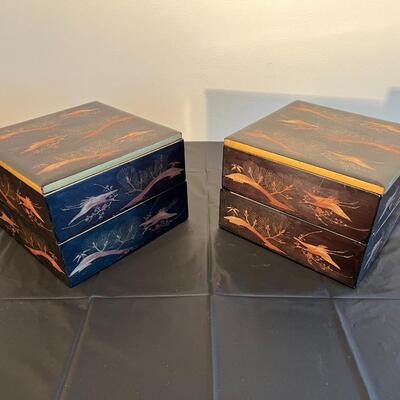 Pair of Antique Japanese Stacking Black Lacquer Boxes with Red and Gold Painted Design