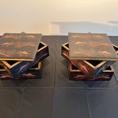 Pair of Antique Japanese Stacking Black Lacquer Boxes with Red and Gold Painted Design