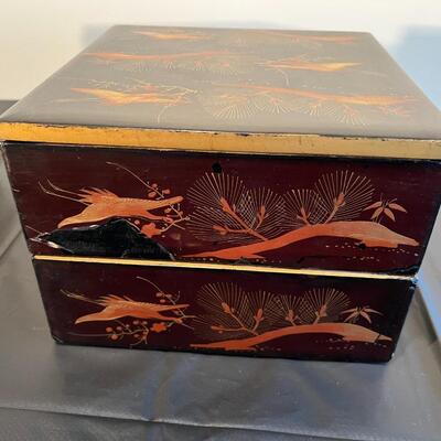 Pair of Antique Japanese Stacking Black Lacquer Boxes with Red and Gold Painted Design
