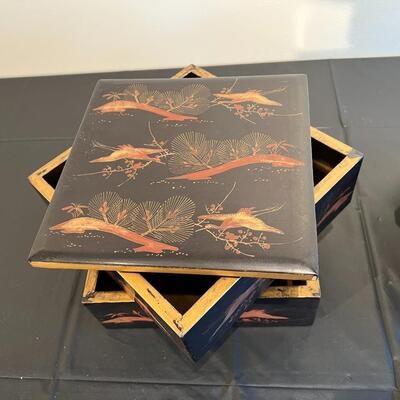 Pair of Antique Japanese Stacking Black Lacquer Boxes with Red and Gold Painted Design