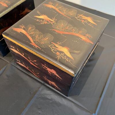 Pair of Antique Japanese Stacking Black Lacquer Boxes with Red and Gold Painted Design