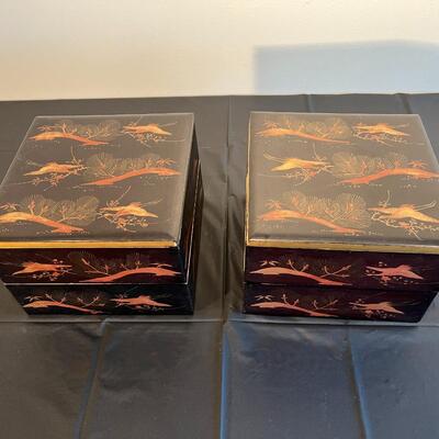 Pair of Antique Japanese Stacking Black Lacquer Boxes with Red and Gold Painted Design