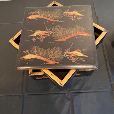 Pair of Antique Japanese Stacking Black Lacquer Boxes with Red and Gold Painted Design