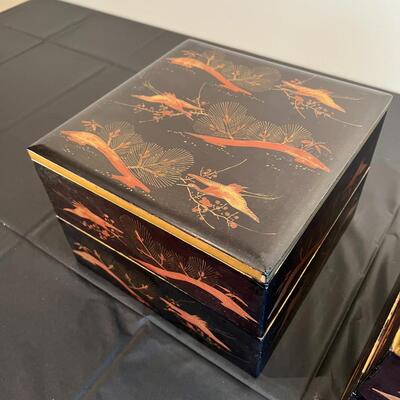 Pair of Antique Japanese Stacking Black Lacquer Boxes with Red and Gold Painted Design