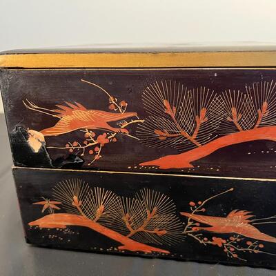 Pair of Antique Japanese Stacking Black Lacquer Boxes with Red and Gold Painted Design