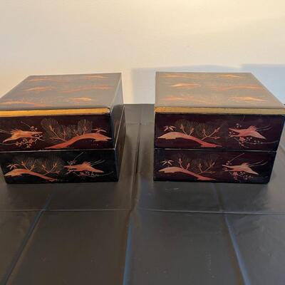 Pair of Antique Japanese Stacking Black Lacquer Boxes with Red and Gold Painted Design