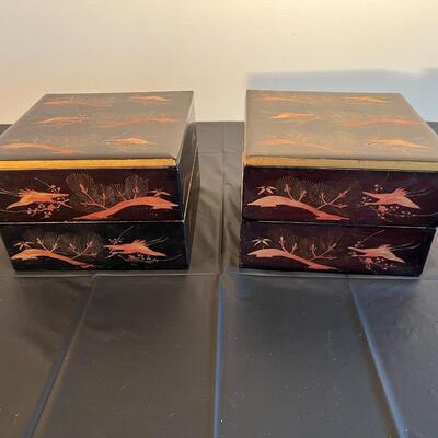 Pair of Antique Japanese Stacking Black Lacquer Boxes with Red and Gold Painted Design