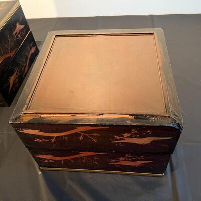 Pair of Antique Japanese Stacking Black Lacquer Boxes with Red and Gold Painted Design