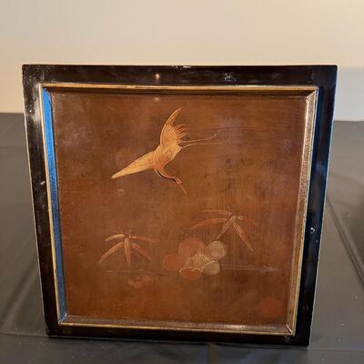 Pair of Antique Japanese Stacking Black Lacquer Boxes with Red and Gold Painted Design