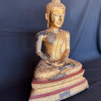 Antique Thai Gilt Lacquered Bronze Seated Meditation Buddha Statue