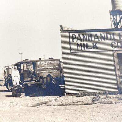LARGE ANTIQUE PHOTOGRAPH OF PANHANDLE MILK COMPANY BUILDING & TRUCKS - TEXAS?