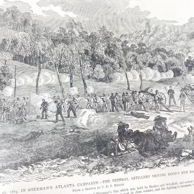 LARGE ANTIQUE CIVIL WAR BOOK PAGE - SHERMAN AT KULP HOUSE/