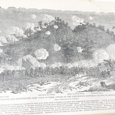 LARGE ANTIQUE CIVIL WAR BOOK PAGE - KENESAW MOUNTAIN/GENERAL KILPATRICK
