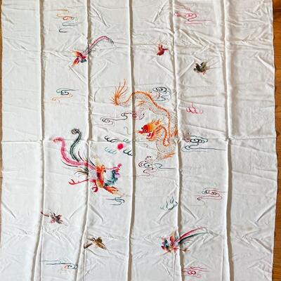 VINTAGE SILK ORIENTAL EMBROIDERED FABRIC/QUILT TOPPER