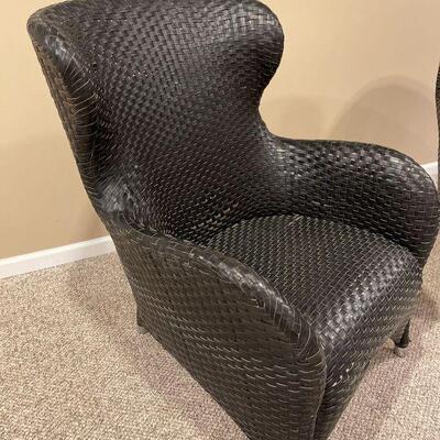 Vintage Designer black woven leather rattan lounge chair Italian Pair chairs retail $7500 on sale for $1650
