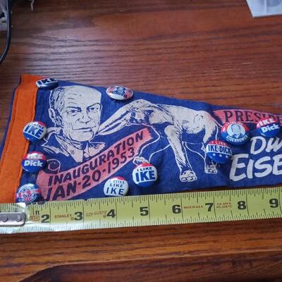 LOT 32  OLD EISENHOWER INAUGURATION BANNER PLUS 12 OLD PINS