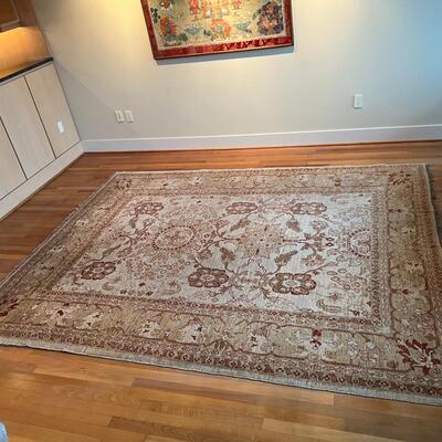 Beautiful Hand Woven Tan and Burgandy European Traditional Area Rug