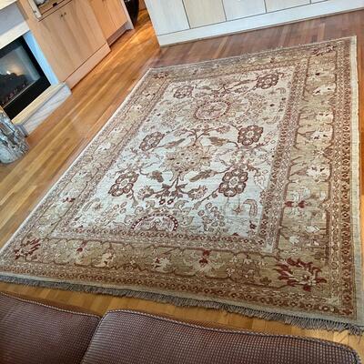 Beautiful Hand Woven Tan and Burgandy European Traditional Area Rug