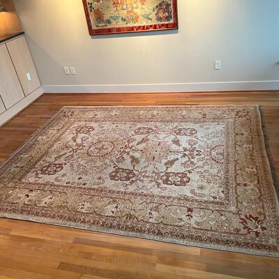 Beautiful Hand Woven Tan and Burgandy European Traditional Area Rug
