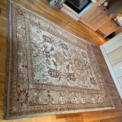 Beautiful Hand Woven Tan and Burgandy European Traditional Area Rug