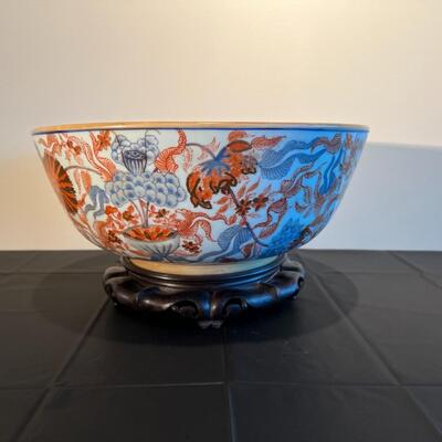 Vintage Japanese Red and Blue Design Glazed Ceramic Bowl