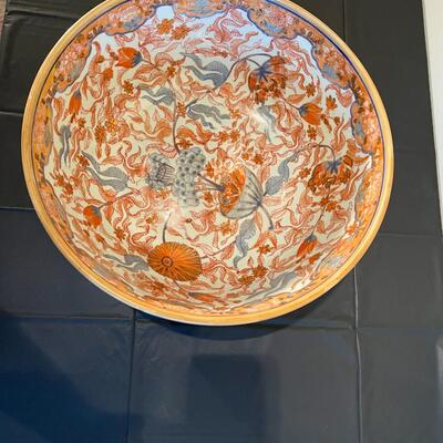 Vintage Japanese Red and Blue Design Glazed Ceramic Bowl