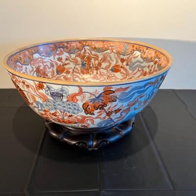 Vintage Japanese Red and Blue Design Glazed Ceramic Bowl