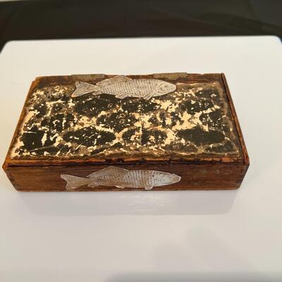 Antique Cigar Box Wood with Silver Tone Metal Fish