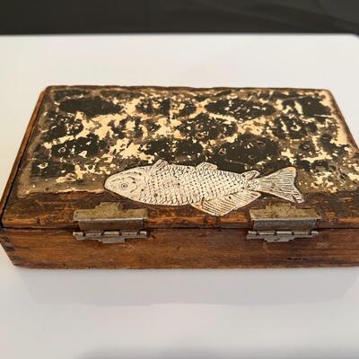 Antique Cigar Box Wood with Silver Tone Metal Fish