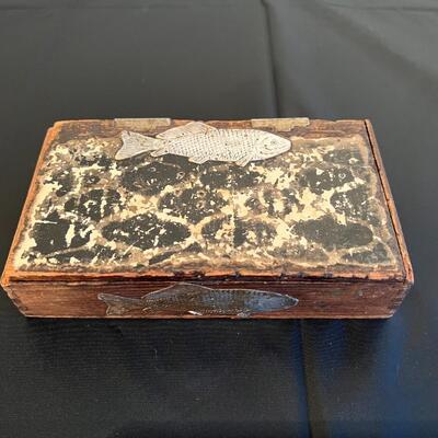 Antique Cigar Box Wood with Silver Tone Metal Fish