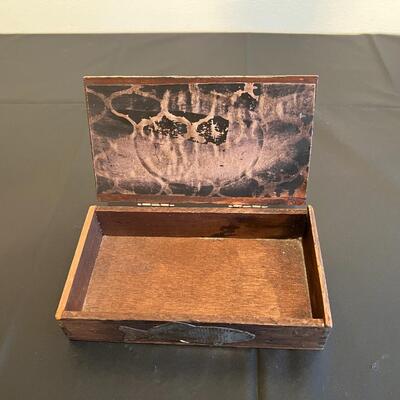Antique Cigar Box Wood with Silver Tone Metal Fish