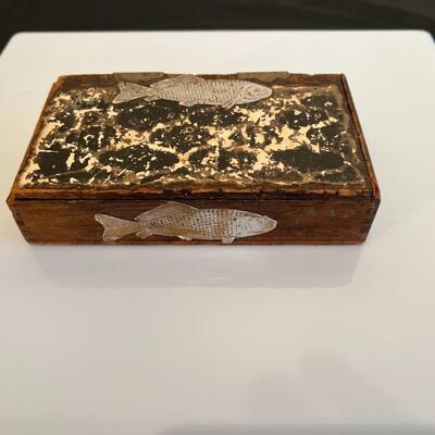 Antique Cigar Box Wood with Silver Tone Metal Fish