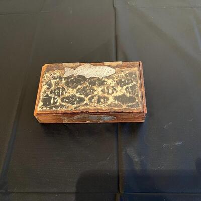Antique Cigar Box Wood with Silver Tone Metal Fish