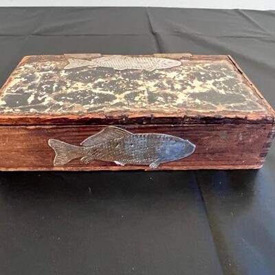 Antique Cigar Box Wood with Silver Tone Metal Fish