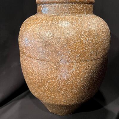 Antique Chinese Glazed Pottery Jar with Speckled Tan Glaze and Signed