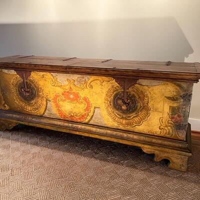 Gorgeous Large Antique 19th Century European Hand Painted Wood Linen Chest