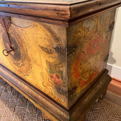 Gorgeous Large Antique 19th Century European Hand Painted Wood Linen Chest