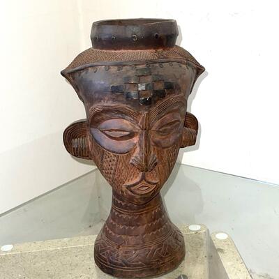 LOT 19  CARVED AFRICAN CEREMONIAL VESSEL W/ FIGURAL  HANDLE