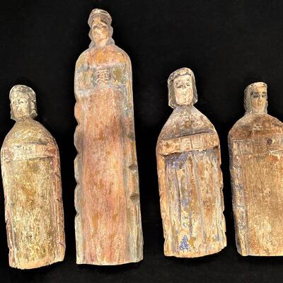 Set of 4 Antique Carved Wood Figurines