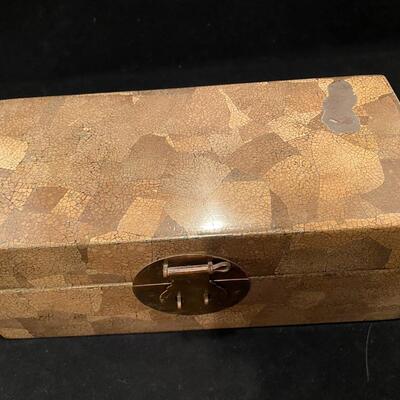 Antique Asian Crackled Gold and Black Lacquer Box with Metal Clasp