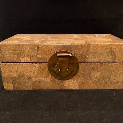 Antique Asian Crackled Gold and Black Lacquer Box with Metal Clasp