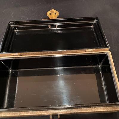 Antique Asian Crackled Gold and Black Lacquer Box with Metal Clasp