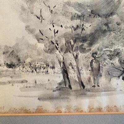 Signed Original Black and White Watercolor of Boy Under Trees by Royer