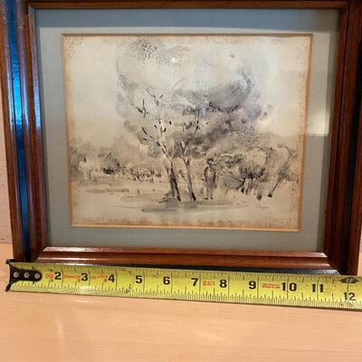 Signed Original Black and White Watercolor of Boy Under Trees by Royer