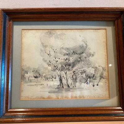 Signed Original Black and White Watercolor of Boy Under Trees by Royer