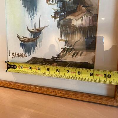 Signed Watercolor Painting of Ships in Harbor