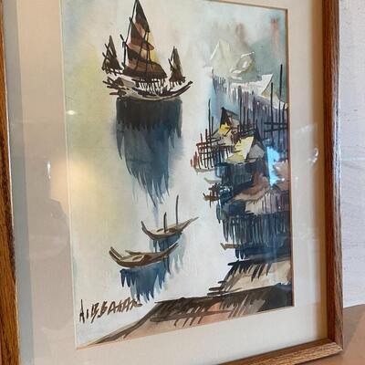 Signed Watercolor Painting of Ships in Harbor